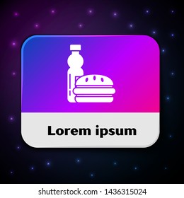 White Bottle of water and burger icon isolated on black background. Soda aqua drink sign. Hamburger, cheeseburger sandwich. Fast food menu. Rectangle color button. Vector Illustration
