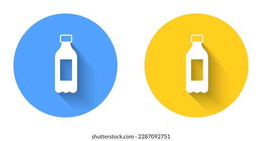 White Bottle of water icon isolated with long shadow background. Soda aqua drink sign. Circle button. Vector