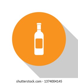 White Bottle of wine icon isolated on white background. Orange circle button. Flat design. Vector Illustration