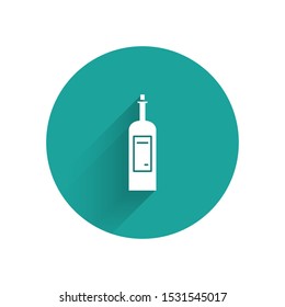 White Bottle of wine icon isolated with long shadow. Green circle button. Vector Illustration