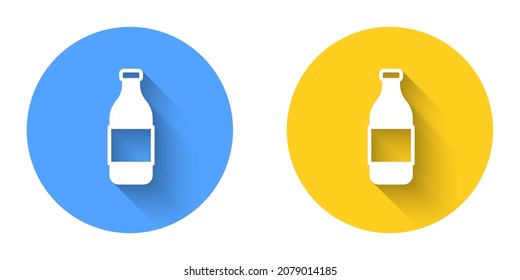 White Bottle of wine icon isolated with long shadow background. Circle button. Vector