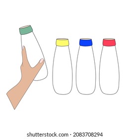 A white bottle in the woman's hand and several bottles with colorful lids with a place for text on a white background. Vector illustration