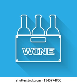 White Bottles of wine in a wooden box icon isolated with long shadow. Wine bottles in a wooden crate icon. Vector Illustration