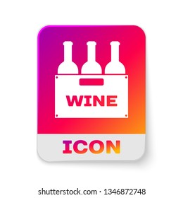 White Bottles of wine in a wooden box icon isolated on white background. Wine bottles in a wooden crate icon. Rectangle color button. Vector Illustration
