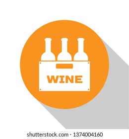 White Bottles of wine in a wooden box icon isolated on white background. Wine bottles in a wooden crate icon. Orange circle button. Flat design. Vector Illustration