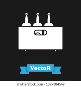 White Bottles of wine in a wooden box icon isolated on black background. Wine bottles in a wooden crate icon.  Vector Illustration