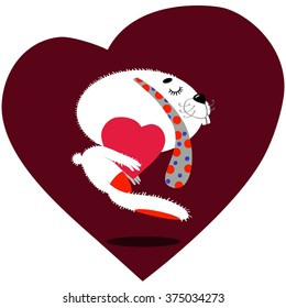White bouncing bunny with heart Can be used as print for t-shirt, greetings card, poster, gift Valentine's theme