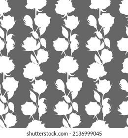 Ramos blancos de rosas sobre un fondo gris. Ilustración vectorial botánica de un patrón sin fisuras. Siluetas de brotes de flores. hojas, ramas. Diseño para tela, embalaje, textil, papel, sitio. 