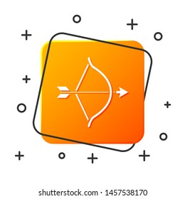White Bow and arrow icon isolated on white background. Cupid symbol. Love sign. Valentines day concept. Orange square button. Vector Illustration