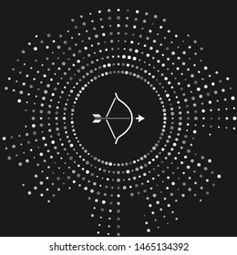 White Bow and arrow icon isolated on grey background. Cupid symbol. Love sign. Valentines day concept. Abstract circle random dots. Vector Illustration
