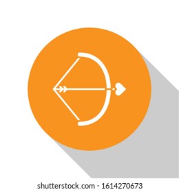White Bow and arrow icon isolated on white background. Cupid symbol. Love sign. Valentines day concept. Orange circle button. Vector Illustration