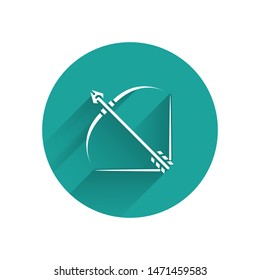 White Bow and arrow in quiver icon isolated with long shadow. Green circle button. Vector Illustration