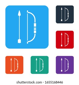 White Bow and arrow in quiver icon isolated on white background. Set icons in color square buttons. Vector Illustration