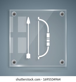 White Bow and arrow in quiver icon isolated on grey background. Square glass panels. Vector Illustration