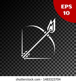 White Bow and fire arrow icon isolated on transparent dark background.  Vector Illustration