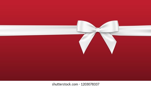 White bow and horizontal ribbon shiny satin realistic with shadow for decorate your gift card,vector isolated on red background.