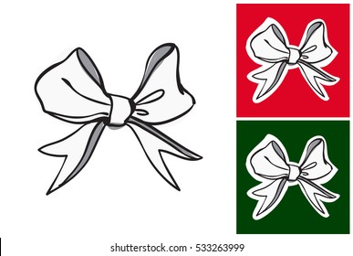 White bow. Isolated vector art element on white, gray and dark green background in sketch style. Cute hand drawn Christmas, New Year, or other festive illustration.