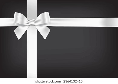 White bow realistic with horizontal and Vertical cross ribbon place on gradient black background for decorate you Memorial and funeral card, Vector EPS10 with copy space