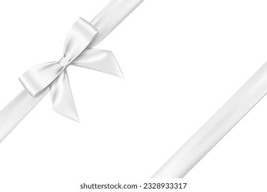  White bow realistic shiny satin and ribbon place on left corner