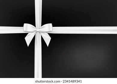 White bow realistic shiny satin and ribbon horizontal and vertical ribbon place on gradient black background for decorate you Memorial  and funeral card, Vector EPS10 