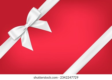 White bow realistic shiny satin and ribbon place on left corner vector design on red gradient background , for decorate your gift card christmas theme.