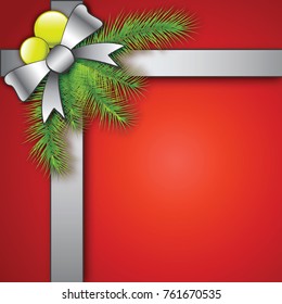 white bow and ribbon on yellow ball and Christmas branch,above red background for decoration,vector illustration