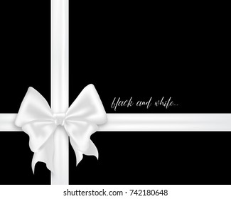 White bow, satin ribbon, vector illustration. Beautiful gift wrapping concept isolated on black background. Elegant present accessory design element.