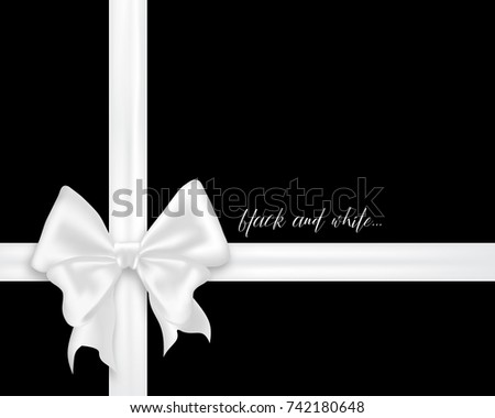 White bow, satin ribbon, vector illustration. Beautiful gift wrapping concept isolated on black background. Elegant present accessory design element.