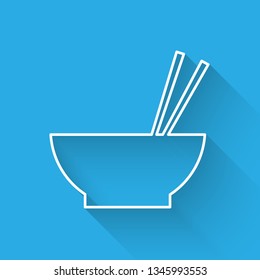 White Bowl with asian food and pair of chopsticks silhouette icon isolated with long shadow. Concept of prepare, eastern diet. Vector Illustration