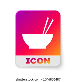 White Bowl with asian food and pair of chopsticks silhouette icon isolated on white background. Concept of prepare, eastern diet. Rectangle color button. Vector Illustration
