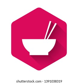 White Bowl with asian food and pair of chopsticks silhouette icon isolated with long shadow. Concept of prepare, eastern diet. Pink hexagon button. Vector Illustration