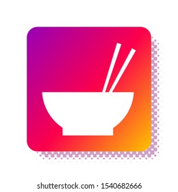 White Bowl with asian food and pair of chopsticks silhouette icon isolated on white background. Concept of prepare, eastern diet. Square color button. Vector Illustration