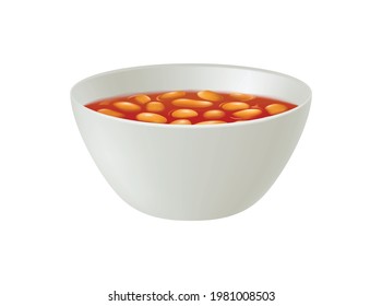 White Bowl Of Baked Beans In Tomato Sauce Realistic Vector Illustration