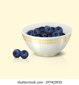 white bowl with blueberries shadow and reflection on a light background