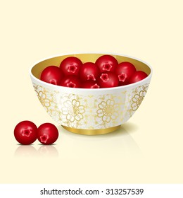 white bowl with cranberries shadow and reflection on a light background