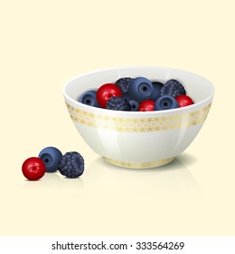 white bowl with cranberries shadow and reflection on a light background