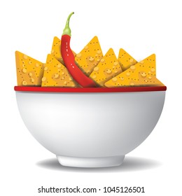 White bowl filled with nacho tortilla chips and a cayenne pepper. For Cinco de Mayo. EPS10 vector illustration.