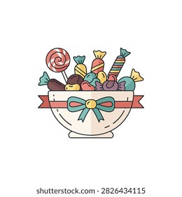 A white bowl filled with various wrapped candies and a red swirl lollipop, decorated with a ribbon and bow