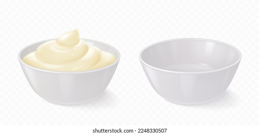 White bowl with mayonnaise, cheese sauce, yogurt or cream. Empty small round ceramic dish and homemade dip in porcelain container, vector realistic set isolated on transparent background