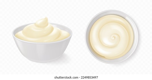 White bowl with mayonnaise, cheese sauce, yogurt or cream. Small round ceramic dish and homemade dip in porcelain container, top side view, vector realistic set isolated on transparent background