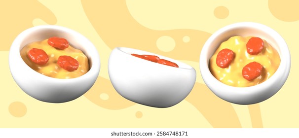 White bowl with meat dish. Realistic hot soup. Set of vector templates in different positions