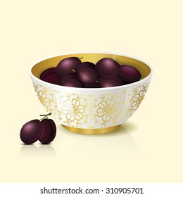 white bowl with plums shadow and reflection on a light background