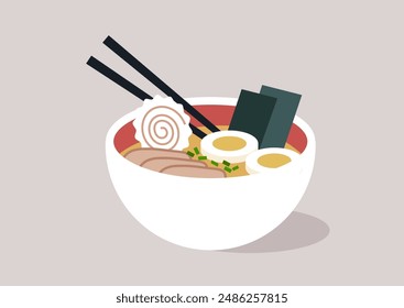 A white bowl of ramen with a red inside, filled with noodles, broth, egg, seaweed, and fish cake, Chopsticks rest on the rim of the bowl