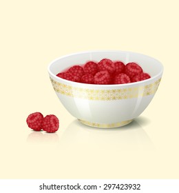 white bowl with raspberries shadow and reflection on a light background