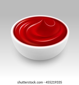 White Bowl of Red Tomato Ketchup Sauce Close up Isolated on White Background
