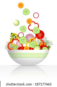 White bowl for salad with falling in it different sliced vegetables