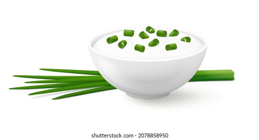 White bowl of sour cream with chopped green onions and lying down bunch of fresh chives. Isolated on white background. Side view. Realistic vector illustration. svg