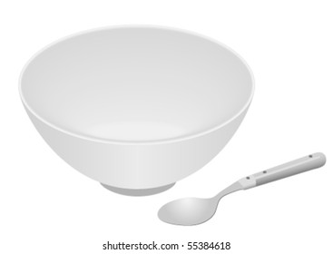 White bowl and spoon isolated on white background