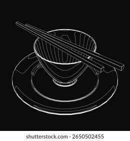 Uma tigela branca de râmen a vapor se senta em uma placa com pauzinhos pretos ao seu lado, contrastando com o fundo escuro. A composição destaca as texturas do macarrão e do caldo.