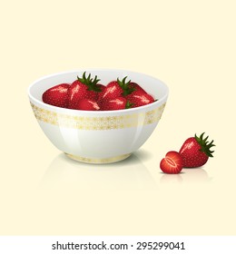 white bowl with strawberries shadow and reflection on a light background
